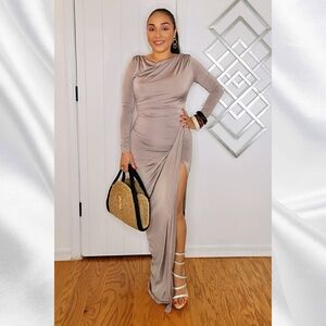 Mocha Twisted Side Slit Maxi Skirt & Long Sleeve Top